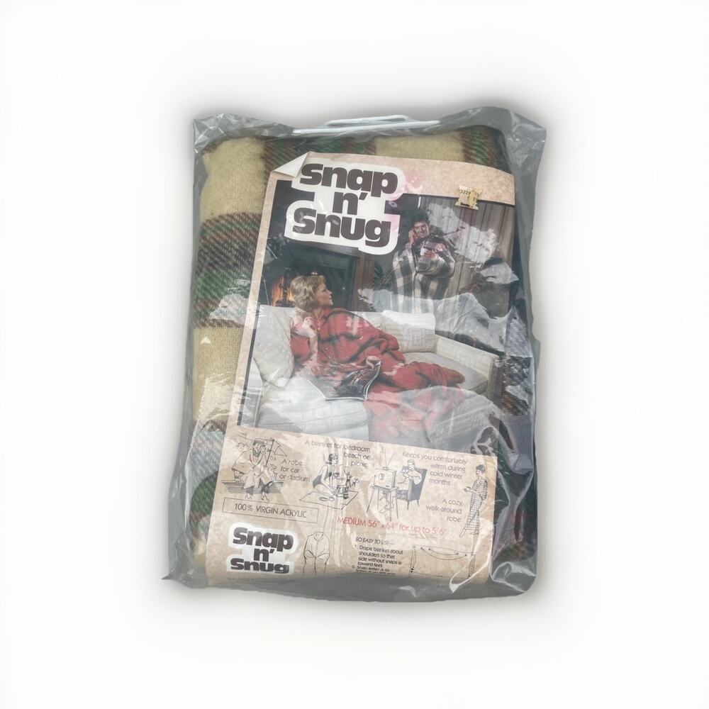 VTG Snap n' Snug Blanket / Robe, Sealed New, Green White Plaid 100% Acrylic Med